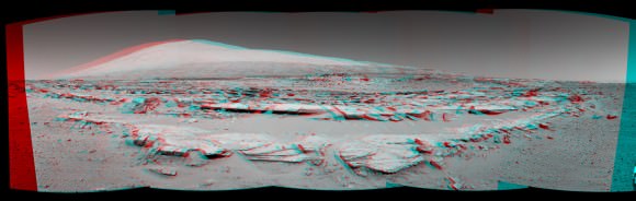 Martian Landscape With Rock Rows and Mount Sharp (Stereo)  This stereo landscape scene from NASA's Curiosity Mars rover on Feb. 19, 2014 shows rows of rocks in the foreground and Mount Sharp on the horizon. It appears three dimensional when viewed through red-blue glasses with the red lens on the left. Credit: NASA/JPL-Caltech