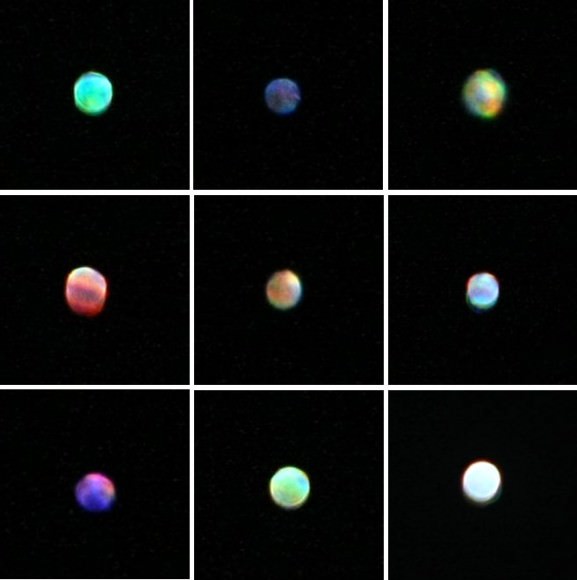 The color and brightness of Sirius can change rapidly as it twinkles. I shot these slightly out of focus to spread the color out and show it more clearly. Not only are the hues striking but brightness changes are obvious, too. Photo: Bob King
