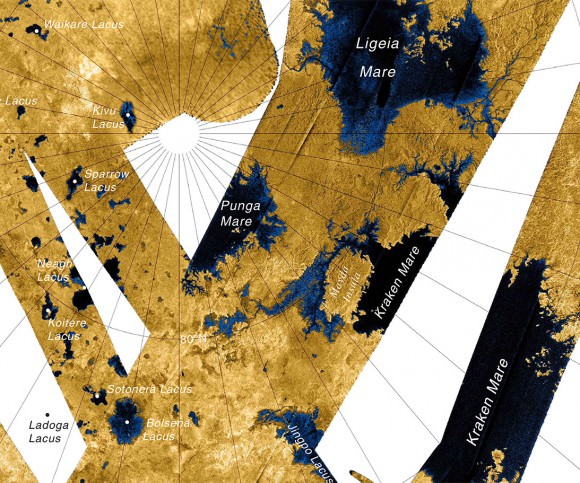 Map of Titan's northern region of hydrocarbon 'seas' created from Cassini radar imaging. Credit: NASA/JPL/USGS.