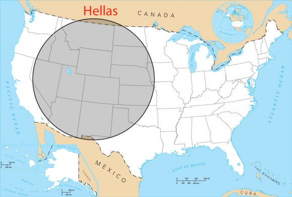 The Hellas impact basin, also known as Hellas Planitia. After Mars' Utopia Planitia and the moon's South Pole-Aitken Basin, Hellas is the third largest confirmed crater in the solar system.