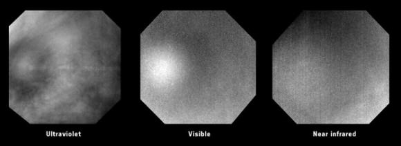 Three images showing the glory at ultraviolet (left,) visible (centre) and near-infrared (right) wavelengths as taken by the Venus Monitoring Camera. The feature was observed on 24 July 2011 and measures 1,200 km across, as seen from the spacecraft, 6,000 km away. Credit: ESA/MPS/DLR/IDA.