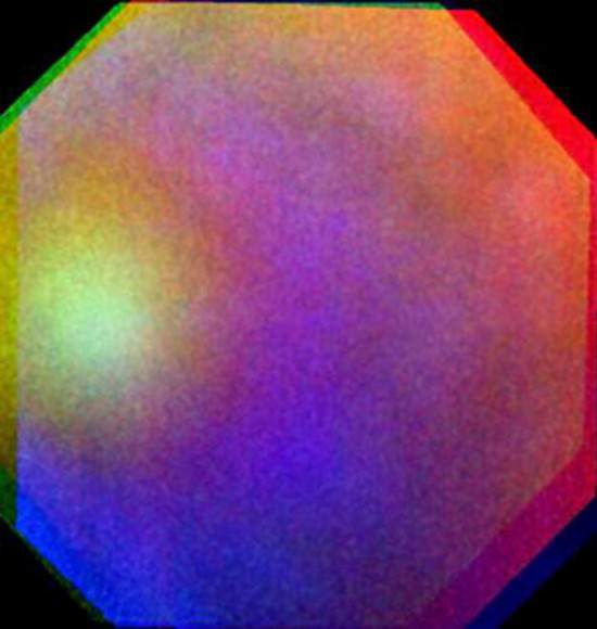 False colour composite of a rainbow-like feature known as a ‘glory’, seen on Venus on 24 July 2011. The image is composed of three images at ultraviolet, visible, and near-infrared wavelengths from the Venus Monitoring Camera. The images were taken 10 seconds apart and, due to the motion of the spacecraft, do not overlap perfectly. The glory is 1200 km across, as seen from the spacecraft, 6000 km away. It's the only glory ever seen on another planet. Credit: ESA/MPS/DLR/IDA.
