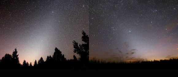 Zodiacal light cones in the fall morning sky (left) and in late March. Both times of year, we see the plane of the solar system tipped at high angle in the sky. Credit: Bob King