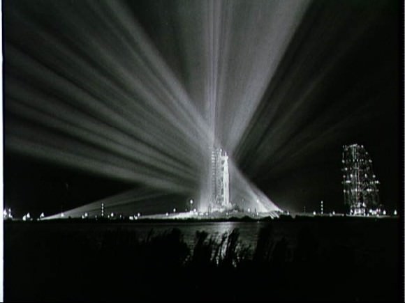 Spotlights shine on the Saturn V rocket carrying Apollo 9 prior to its launch from the Kennedy Space Center on March 3, 1969. Credit: NASA