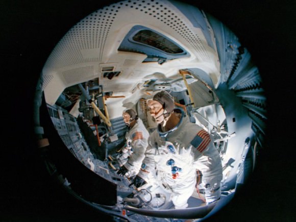 Apollo 9 astronauts Jim McDivitt (front) and Rusty Schweickart inside the lunar module mission simulator at the Kennedy Space Center. Apollo 9 flew in March 1969. Credit: NASA