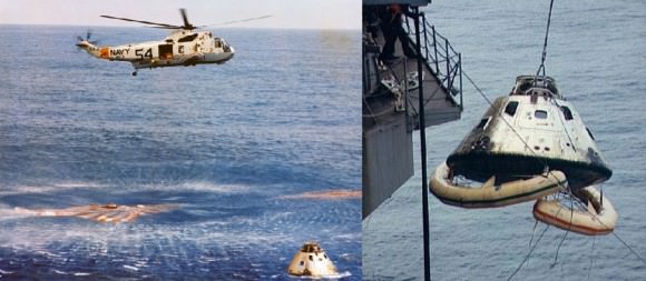 A recovery helicopter picks up Apollo 9 command module "Gumdrop" and brings it to recovery ship USS Guadalcanal on March 13, 1969. Click for larger version. Credit: NASA / Elizabeth Howell (photo combination)