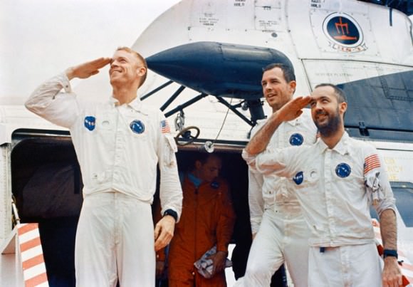 The Apollo 9 aboard the recovery ship USS Guadalcanal on March 13, 1969. From left: Rusty Schweickart (lunar module pilot), Dave Scott (command module pilot) and Jim McDivitt (commander). Credit: NASA