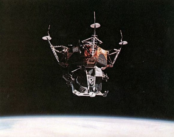 Apollo 9's lunar module "Spider" during a test in March 1969. Credit: NASA