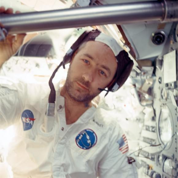 Apollo 9 commander Jim McDivitt shows off several days' beard growth during March 1969. The photo was taken in lunar module "Spider". Credit: NASA