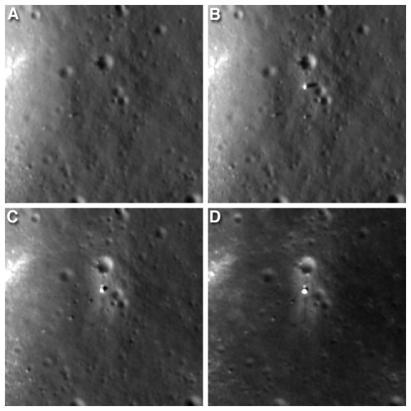 Four LROC NAC views of the Chang'e 3 landing site. A) before landing, June 30, 2013 B) after landing, Dec. 25, 2013 C) Jan. 21, 2014 D) Feb. 17, 2014 Width of each image is 200 meters (about 656 feet). Follow Yutu's path clockwise around the lander in "D."  Credit: NASA/Goddard/Arizona State University