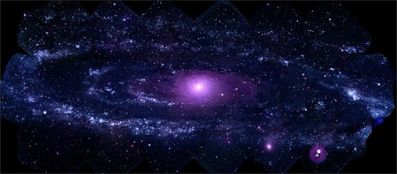 This mosaic of M31 merges 330 individual images taken by the Ultraviolet/Optical Telescope aboard NASA's Swift spacecraft. It is the highest-resolution image of the galaxy ever recorded in the ultraviolet. The image shows a region 200,000 light-years wide and 100,000 light-years high (100 arcminutes by 50 arcminutes). Credit: NASA/Swift/Stefan Immler (GSFC) and Erin Grand (UMCP)