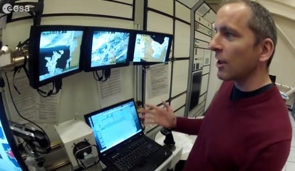 Canadian astronaut David Saint-Jacques at the simulator used to train astronauts on Canadarm2, a robotic arm used on the International Space Station. The facility is located at the Canadian Space Agency near Montreal, Canada. Credit: Andreas Mogensen/YouTube (screenshot)