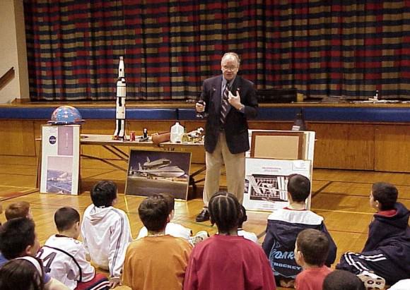 Joe Lennox speaking with schoolchildren about space exploration in this undated photo. Credit: Joe Lennox