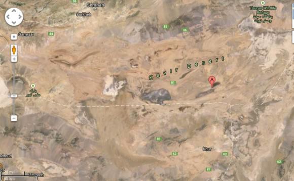 Screenshot of Google Maps showing the Kavir Desert in Iran. 
