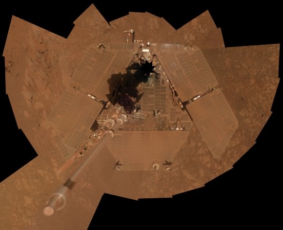 To celebrate 10 years of the Opportunity rover on Mars, the rover team used the panoramic camera (Pancam) to take images of the rover itself during the interval Jan. 3, 2014, to Jan. 6, 2014. Credit: NASA/JPL-Caltech/Cornell Univ./Arizona State Univ.