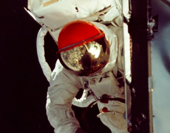 Apollo 9 lunar module pilot Rusty Schweickart during a spacewalk in March 1969. Here, he was standing on the porch of the lunar module "Spider." Credit: NASA