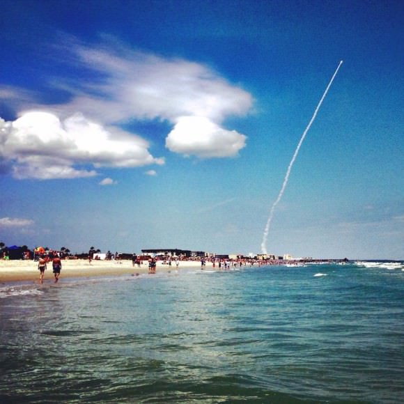 Atlas V NROL-67 launch photographed by iPhone from Cocoa Beach on April 10, 2014 while swimming. Credit: Nicole Solomon