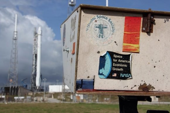 Remote cameras set up at SpaceX Falcon 9 launch pad 40 at Cape Canaveral.   Adorned with patch - Space for America’s Economic Growth.  Credit: Nicole Solomon
