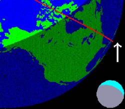 The shaded area shows where the shower will be visible on May 23-24. North of the red line, the moon (a thick crescent) will be up during shower maximum around 2:10 a.m. CDT. Credit: Mikhail Maslov