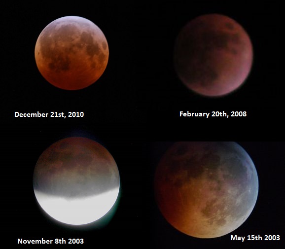 The changing colors of a lunar eclipse: a mosaic of four eclipses. Photos by author.