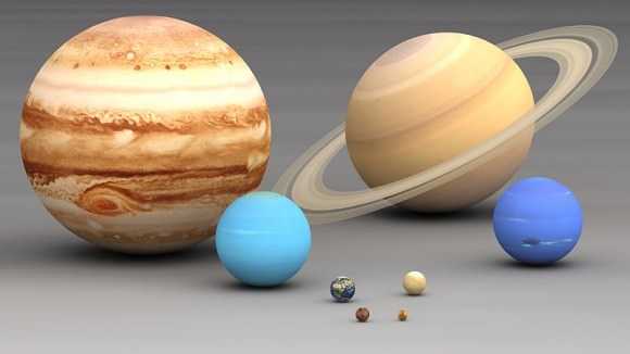 Planets in our Solar system size comparison. Largest to smallest are pictured left to right, top to bottom: Jupiter, Saturn, Uranus, Neptune, Earth, Venus, Mars, Mercury. Via Wikimedia Commons. 