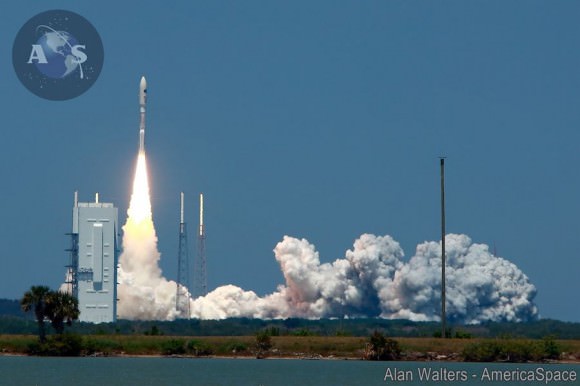 Blastoff of the Atlas V rocket with the super secret NROL-67 intelligence gathering payload on April 10, 2014 from Cape Canaveral Air Force Station, Fla.     Credit: Alan Walters/AmericaSpace