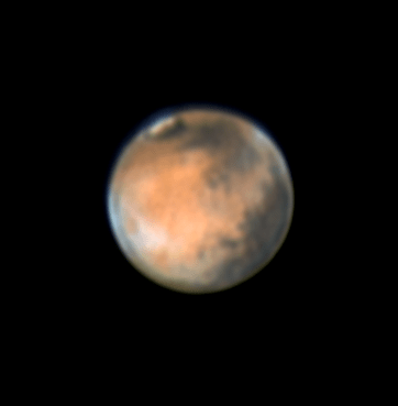 Mars as seen from the Netherlands at 0:26 UT... about 3 hours past opposition. Credit- Christian Fröschlin.