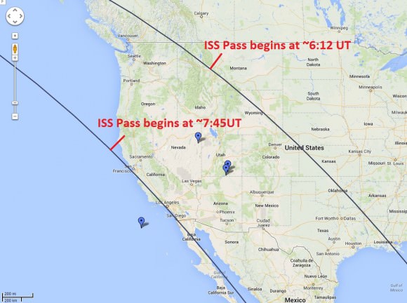 Opportunities to catch the ISS transiting the Moon... during tonight's eclipse. Credit: CALSky.