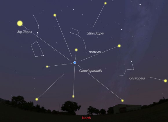 Approximate location of the radiant of the 209P/LINEAR shower at the peak of the brief maximum around 2 a.m. CDT May 24. Between 100-400 meteors may radiate from the dim constellation of Camelopardalis near the North Star. This map shows the sky from Des Moines, Iowa. Created with Stellarium