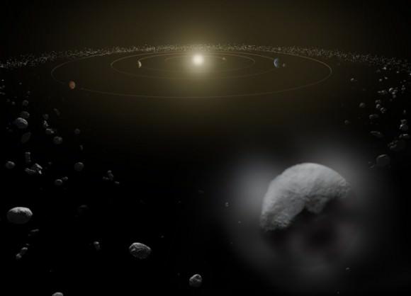 Dwarf planet Ceres is located in the asteroid belt, between the orbits of Mars and Jupiter. Observations by ESA's Herschel space observatory between 2011 and 2013 find that the dwarf planet has a thin water-vapour atmosphere. It is the first unambiguous detection of water vapour around an object in the asteroid belt.  Credit: ESA/ATG medialab
