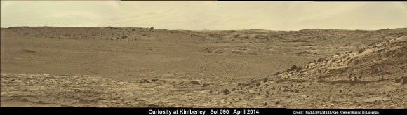 Curiosity scans scientifically intriguing rock outcrops of Martian terrain at ‘The Kimberley’ waypoint in search of next drilling location, beside low hill at right.  Mastcam color photomosaic assembled from raw images snapped on Sol 590, April 4, 2014. Credit: NASA/JPL/MSSS/Ken Kremer - kenkremer.com/Marco Di Lorenzo 