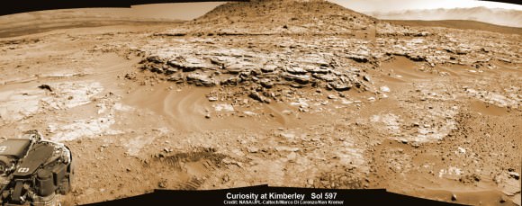Curiosity Mars rover captured this panoramic view of a butte called "Mount Remarkable" and surrounding outcrops at “The Kimberley " waypoint on April 11, 2014, Sol 597. Colorized navcam photomosaic was stitched by Marco Di Lorenzo and Ken Kremer.  Credit: NASA/JPL-Caltech/Marco Di Lorenzo/Ken Kremer - kenkremer.com
