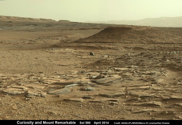 Curiosity scans scientifically intriguing rock outcrops of gorgeous Martian terrain at ‘The Kimberley’ waypoint in search of next drilling location beside Mount Remarkable butte, at right.  Mastcam color photo mosaic assembled from raw images snapped on Sol 590, April 4, 2014. Credit: NASA/JPL/MSSS/Marco Di Lorenzo/Ken Kremer - kenkremer.com 