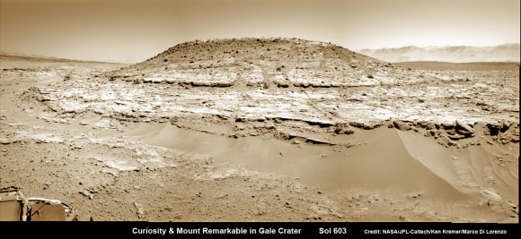 Curiosity’s Panoramic view of Mount Remarkable at ‘The Kimberley Waypoint’ where rover conducted 3rd drilling campaign inside Gale Crater on Mars. The navcam raw images were taken on Sol 603, April 17, 2014, stitched and colorized. Credit: NASA/JPL-Caltech/Ken Kremer – kenkremer.com/Marco Di Lorenzo.  Featured on APOD - Astronomy Picture of the Day on May 7, 2014  