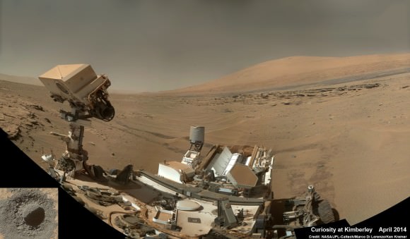 Curiosity snaps selfie at Kimberley waypoint with towering Mount Sharp backdrop on April 27, 2014 (Sol 613). Inset shows MAHLI camera image of rovers mini-drill test operation on April 29, 2014 (Sol 615) into “Windjama” rock target at Mount Remarkable butte.  MAHLI color photo mosaic assembled from raw images snapped on Sol 613, April 27, 2014. Credit: NASA/JPL/MSSS/Marco Di Lorenzo/Ken Kremer - kenkremer.com  