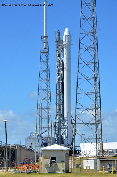 SpaceX Falcon 9 rocket preparing for April 14, 2014 liftoff from Space Launch Complex 40 at the Cape Canaveral Air Force Station, Fla.  Credit: Julian Leek 