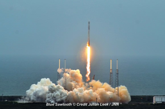 SpaceX Falcon 9 rocket liftoff on April 18, 2014 from Space Launch Complex 40 at Cape Canaveral, Fla.  Credit: Julian Leek 