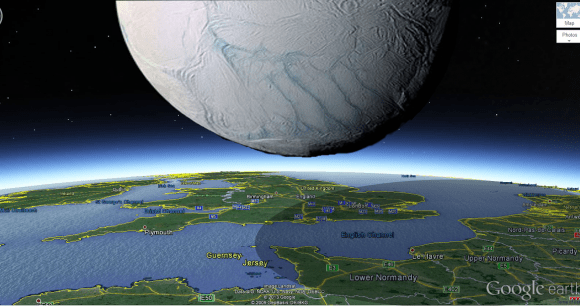How Saturn's moon Enceladus would look if it hovered over southern England. Credit and copyright: Ciro Villa. 
