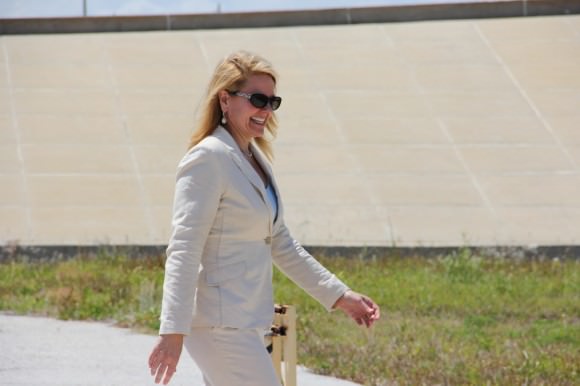 Gwynne Shotwell, president of SpaceX, celebrates lease agreement for use and operation of NASA’s KSC Launch Complex 39A in Florida. Credit: Nicole Solomon