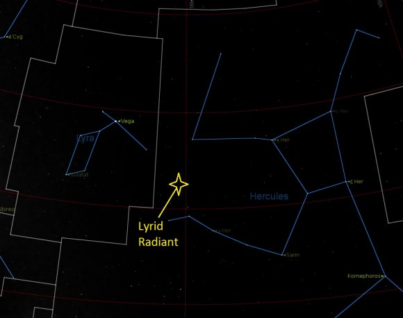 The position of the Lyrid meteor shower radiant across the border in the constellation Hercules. (Credit Starry Night Education software).
