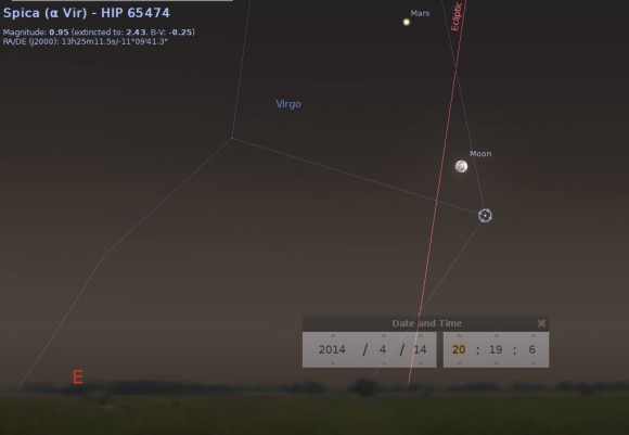 Mars, the Full Moon and Spica rising in the east on April 14th. Created using Stellarium.