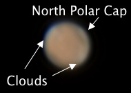 Mars annotated, a stack of 1128 frames shot at 666x. Credit-Mike Weasner/Cassiopeia Observatory.