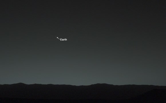 You are here! – As an Evening Star in the Martian Sky. This evening-sky view taken by NASA’s Mars rover Curiosity shows the Earth and Earth’s moon as seen on Jan. 31, 2014, or Sol 529 shortly after sunset at the Dingo Gap inside Gale Crater.  Credit: NASA/JPL-Caltech/MSSS/TAMU