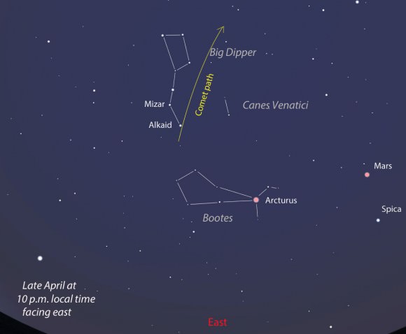 Use this map to get oriented. It shows the sky facing east around 10 o'clock in late April. The comet passes very near Alkaid on April 28-29. Stellarium