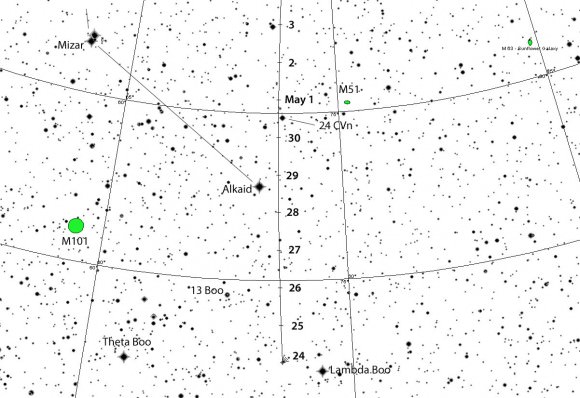 Comet K5 PANSTARRS glides from northern Bootes up the handle of the Big Dipper this coming week not far from the famed Whirlpool Galaxy M51. This map shows the sky facing east (west is at top, east at bottom) with stars to magnitude +11.  Created with Chris Marriott's SkyMap software