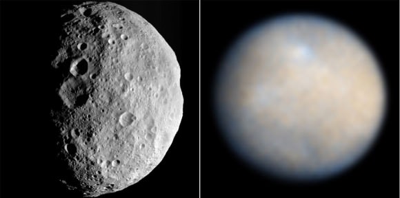 Vesta (left) and Ceres. Vesta was photographed up close by Dawn, while the best views we have to date of Ceres come from the Hubble Space Telescope. Credit: NASA/ESA