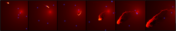 Montage of simulation images showing G2 during its close approach to the black hole at the center of the Milky Way. Images by ESO/MPE/Marc Schartmann