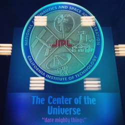 This 16-inch-wide plaque is set into the floor of the "dark room" at JPL Mission Control, covered by a pane of clear acrylic. (J. Major)