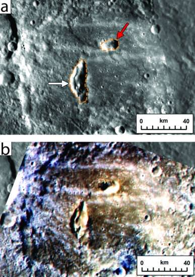 Two pyroclastic vents in Mercury's Kipler crater in optical (top) and false-color views from NASA's MESSENGER spacecraft. Pyroclastic material is in brown-red in the bottom image. The vents were likely too fragile to survive the impact of the crater, scientists said, showing that they likely arose after the impact occurred. Credit: Brown University/NASA/Johns Hopkins University Applied Physics Laboratory/Carnegie Institution of Washington