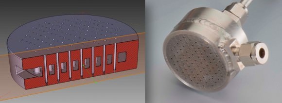 A 3-D printed showerhead injector that apparently saves on time in the normal manufacturing process: usually it takes "more than 100 separate welds to produce", according to the European Space Agency. The holes, however, are made by secondary processing. Credit: ESA